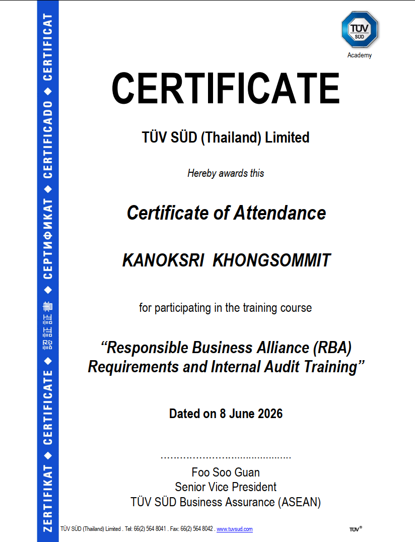 Certificate RBA Training - KANOKSRI KHONGSOMMIT